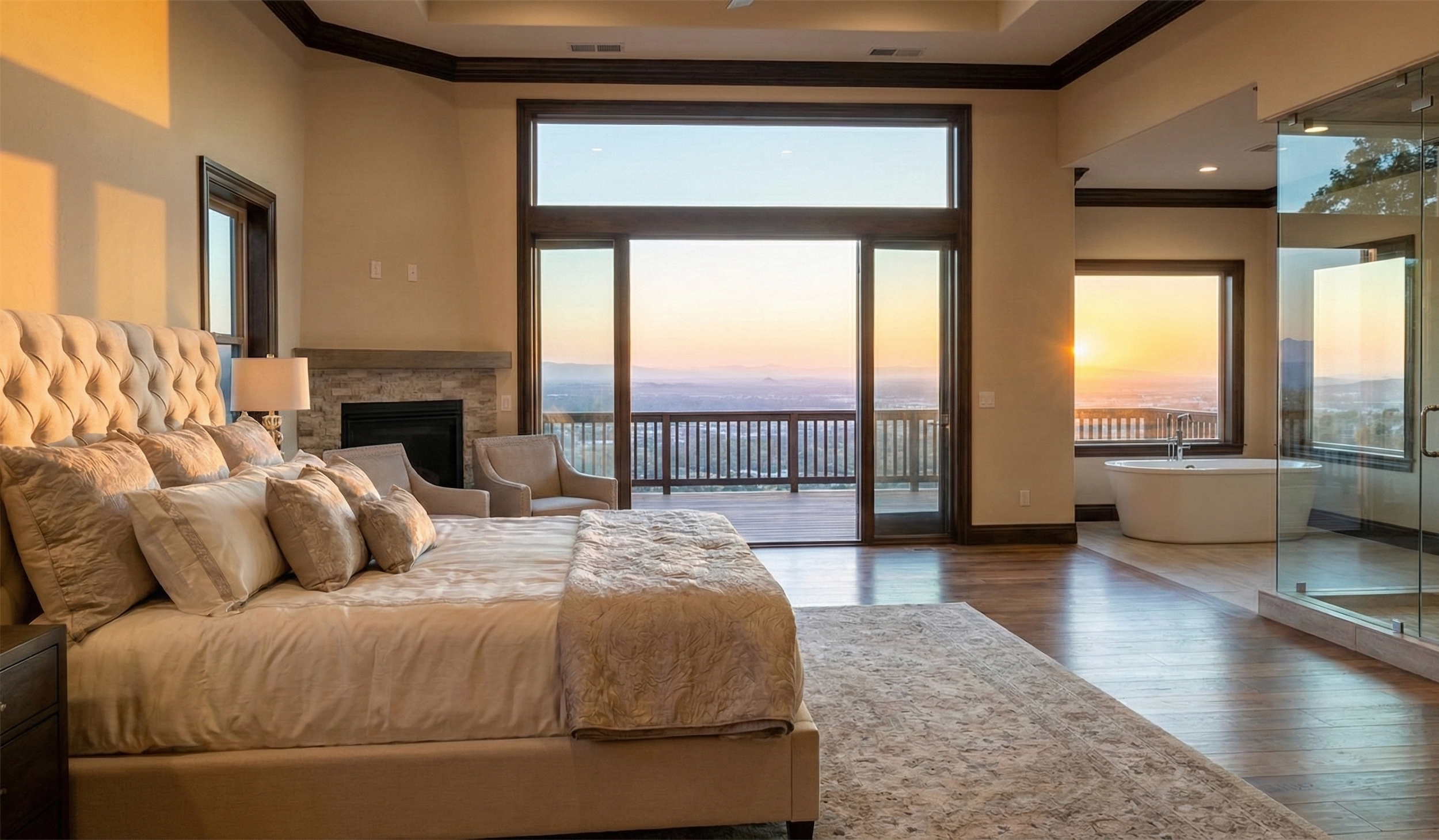Luxurious bedroom interior with a plush bed, elegant decor, and large windows showcasing a sunset view, emphasizing the importance of color selection in home design.