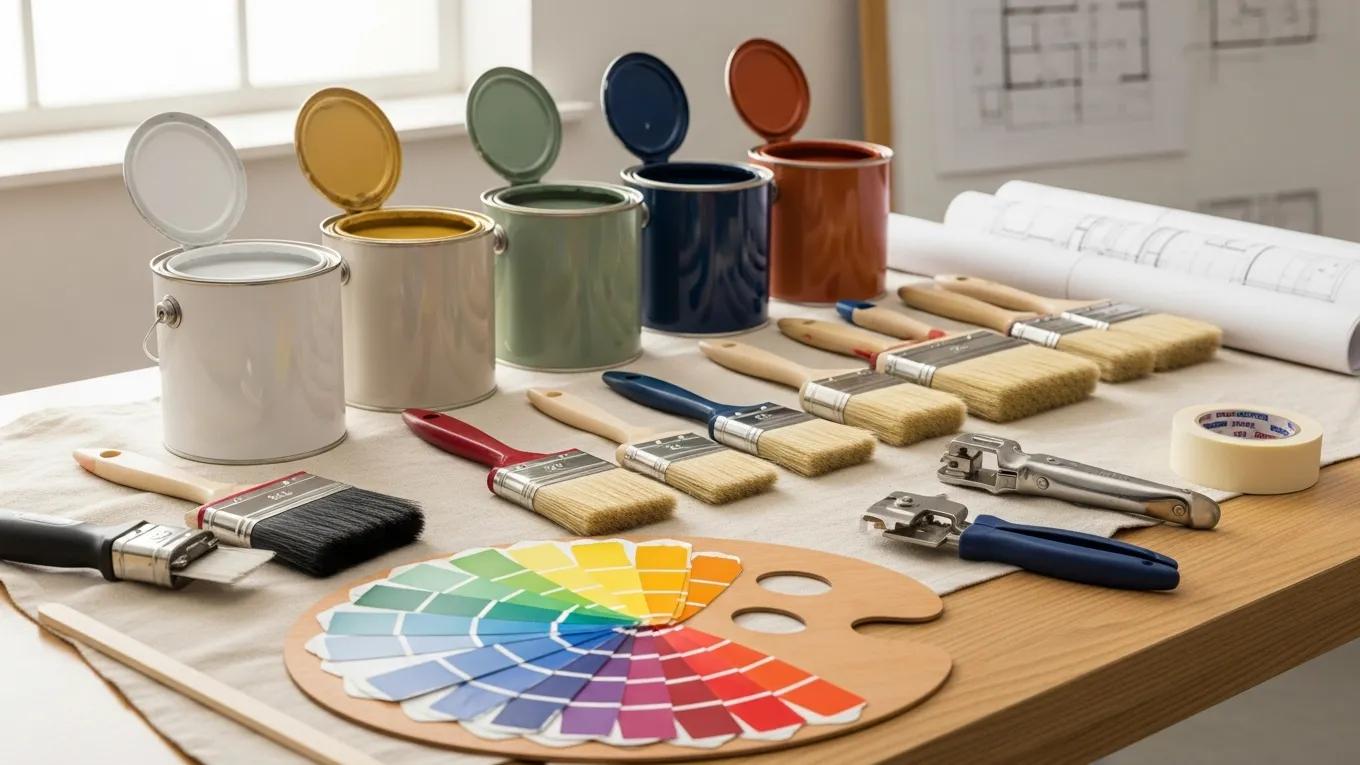 Close-up of painter's tools and materials for exterior house painting, showcasing quality and variety