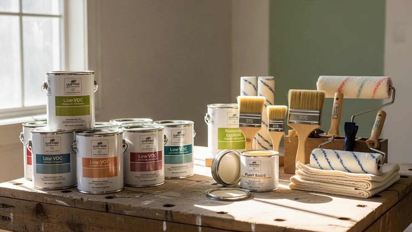 Eco-friendly painting materials and tools in a bright workspace emphasizing sustainability