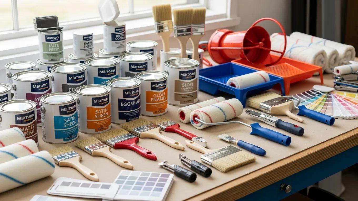 High-quality paint cans and tools emphasizing expert recommendations for interior painting projects