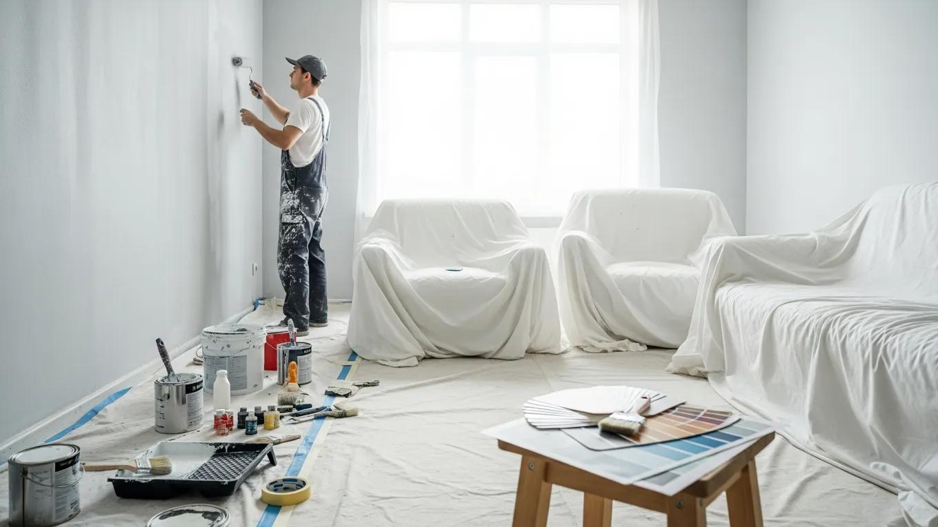 Interior room being painted, highlighting typical labor and material costs in house painting
