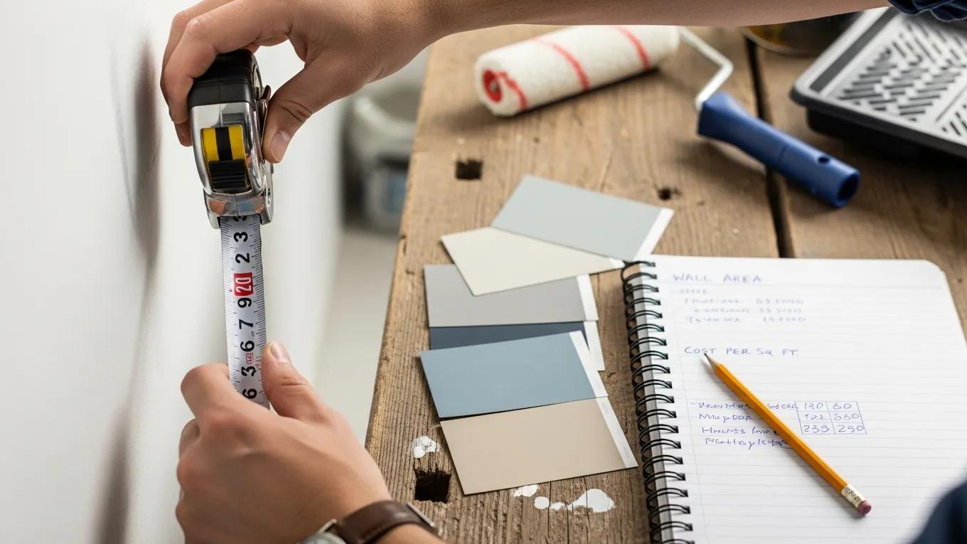Painter measuring wall with tape measure, surrounded by paint samples and notes on pricing factors