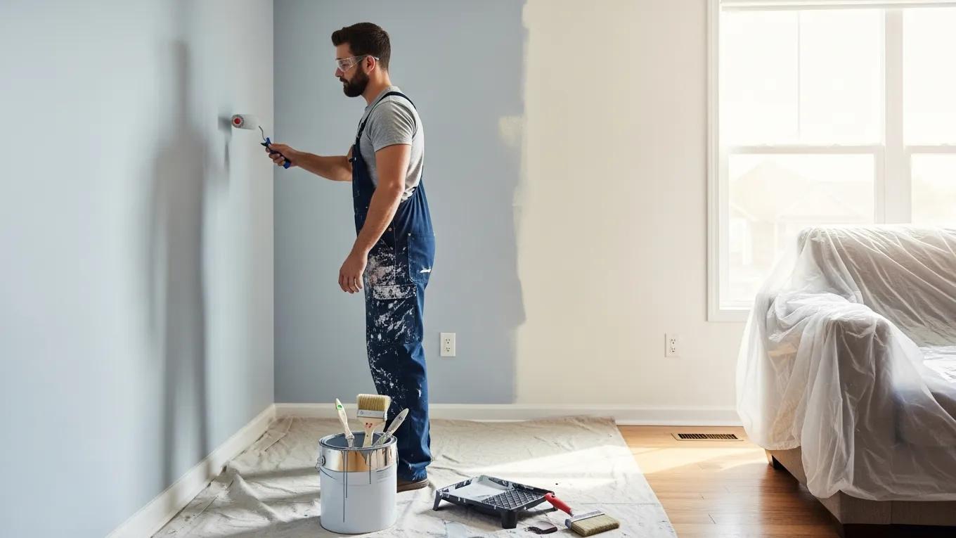 Professional painter applying high-quality paint in a residential room, showcasing attention to detail