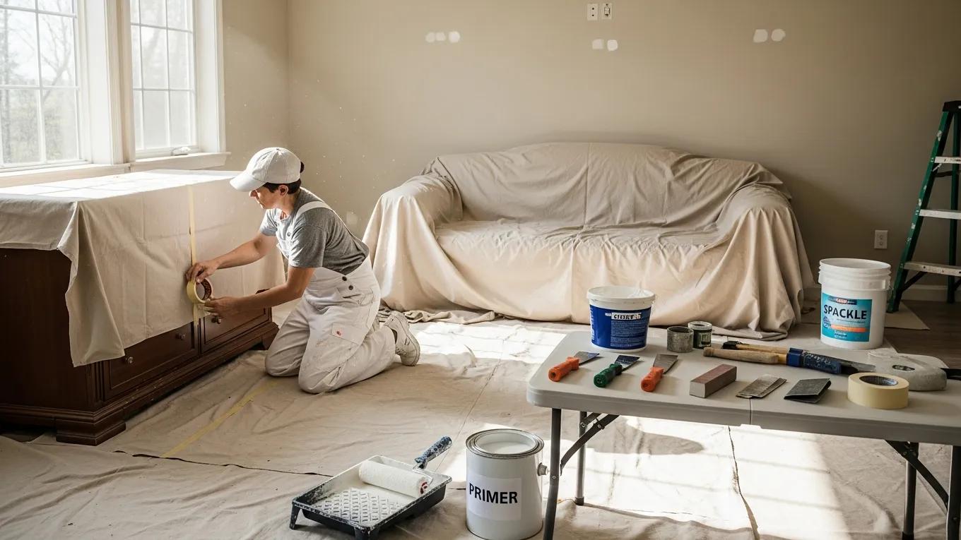 Professional painter preparing a room by covering furniture and applying primer for interior painting