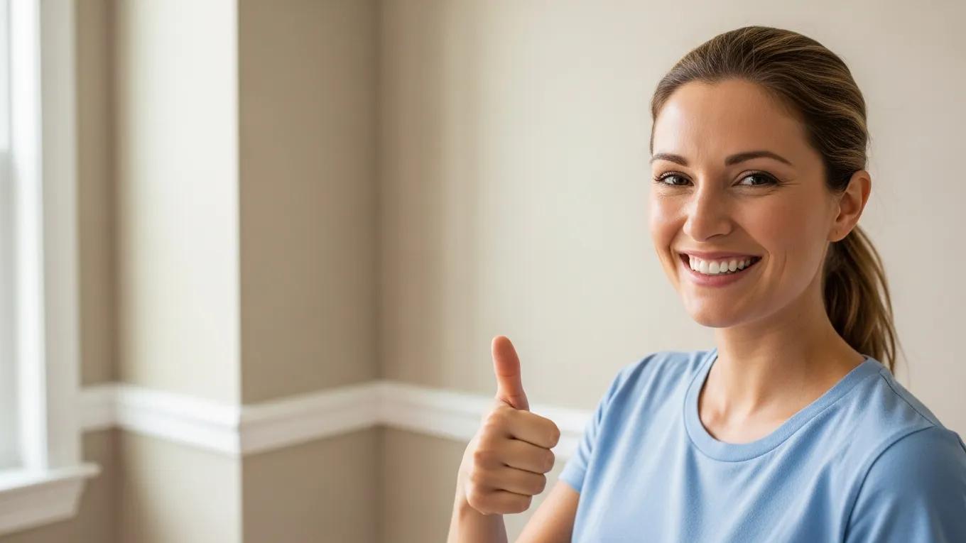Satisfied homeowner in front of newly painted interior, expressing happiness and approval of the painting service
